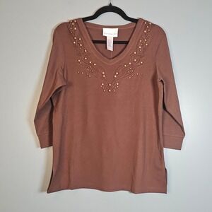 Susan Graver Style Women's Brown Beaded Embellished V-Neck Long Sleeve Top Small